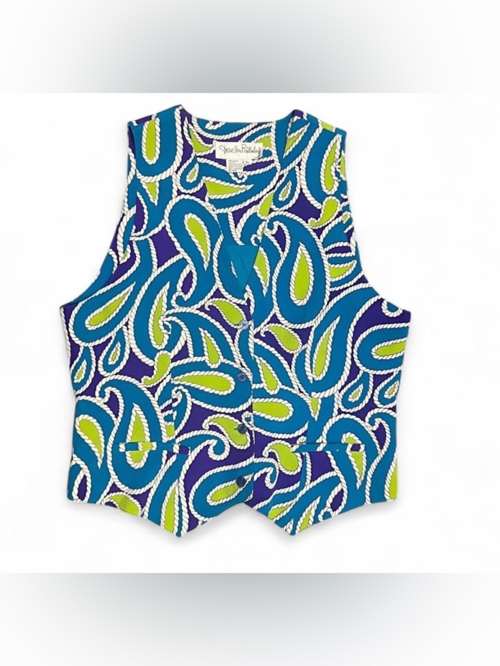 Vintage Diane Von Furstenberg blue & green nautical paisley silk vest women’s XL